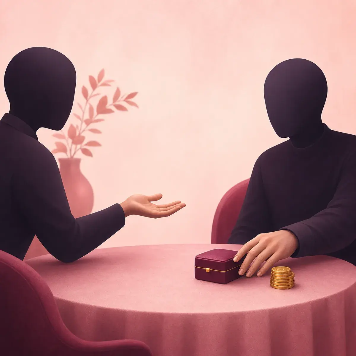 Faceless dating partners with one hand reaching toward jewelry and gold coins instead of the other person’s hand.