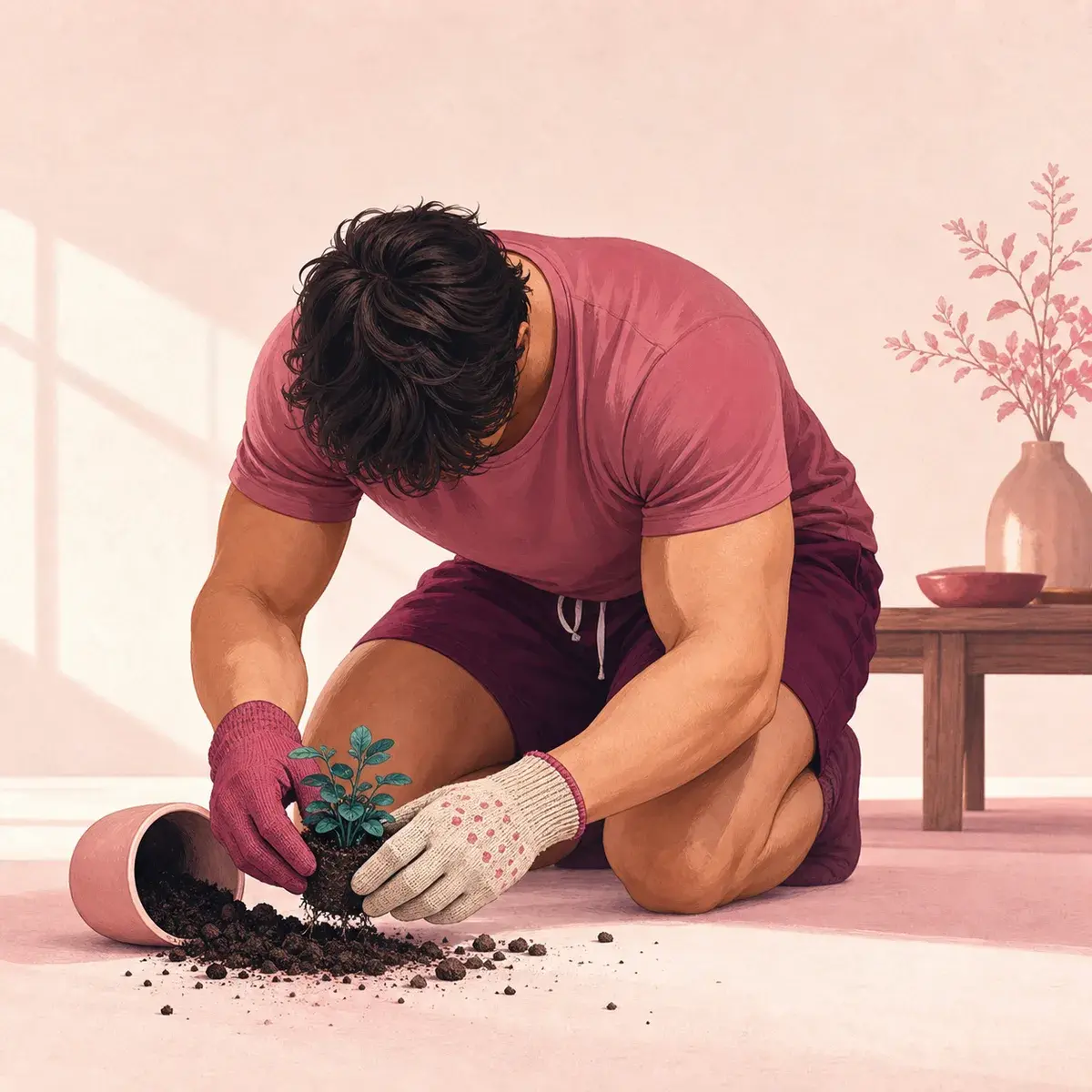 Broad-shouldered man carefully repotting a small plant after a clumsy spill.