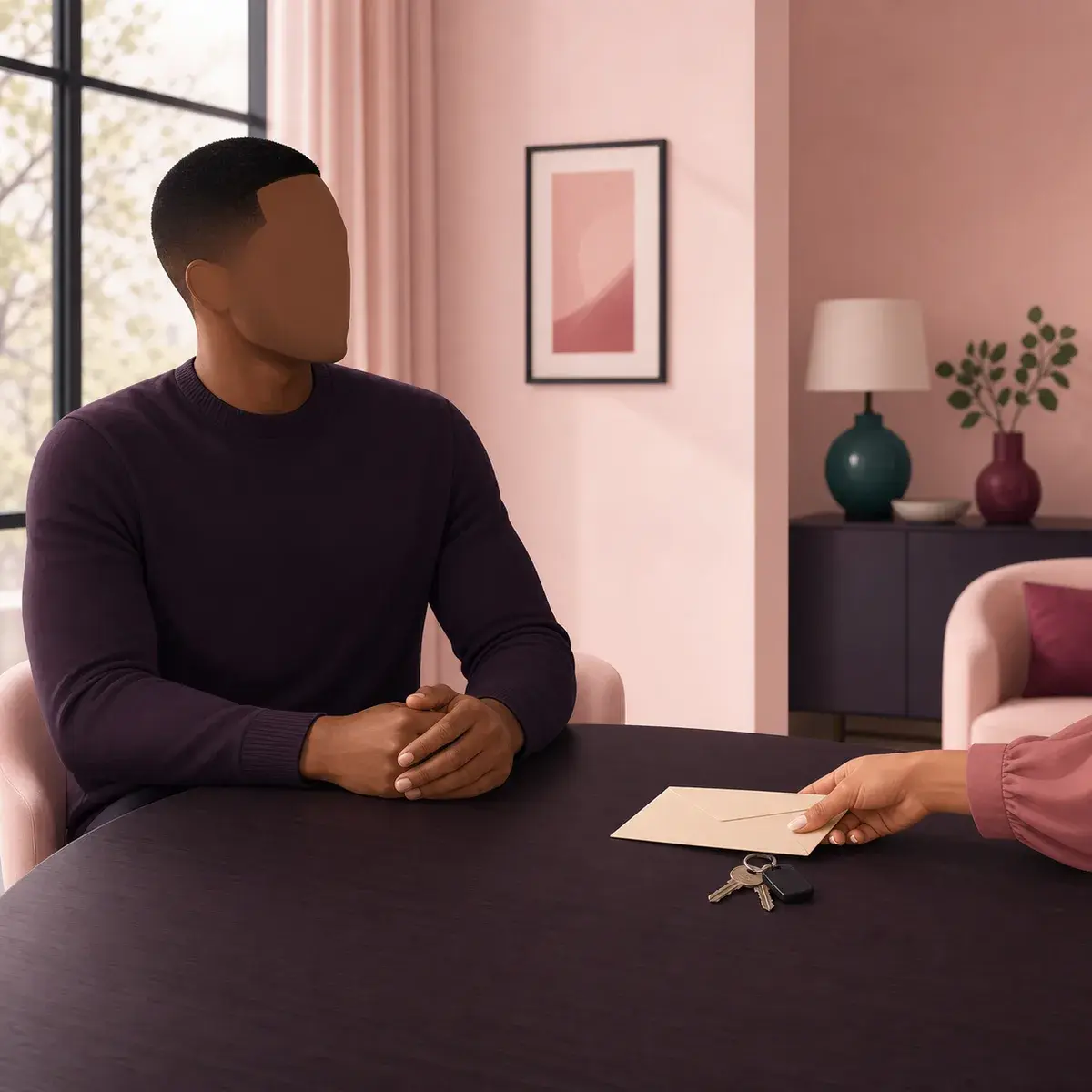 Faceless man at a shared table receiving a household expense envelope and keys from his partner.