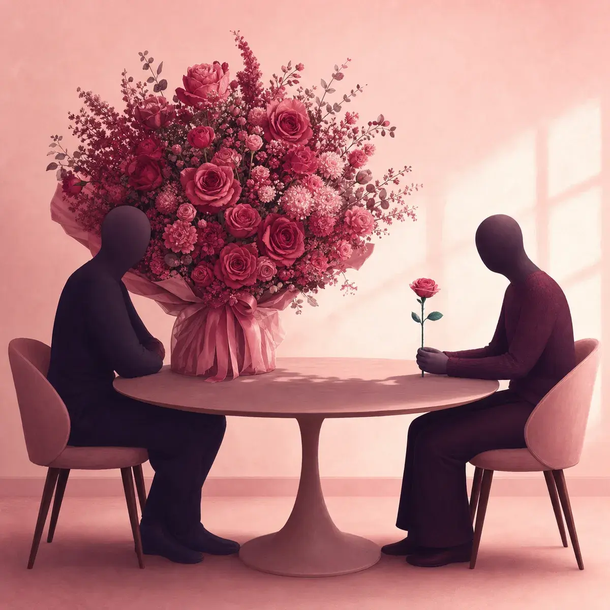 Two obscured figures face an overflowing bouquet and a single flower on a quiet table.