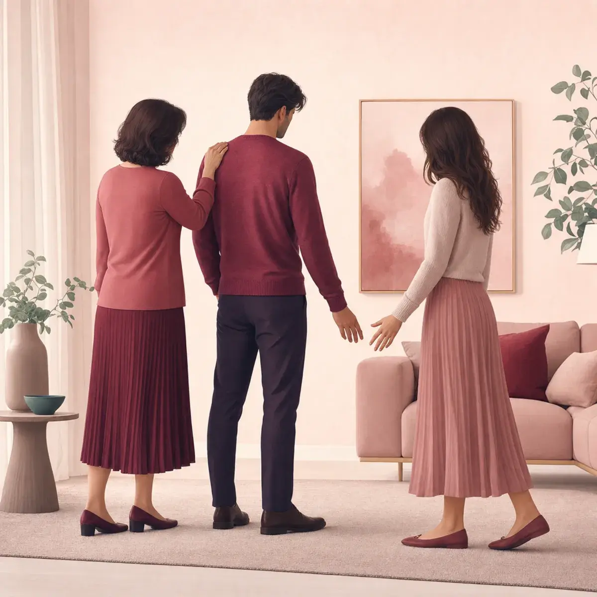 Adult man between his mother and partner as they reach toward him in a quiet living room.