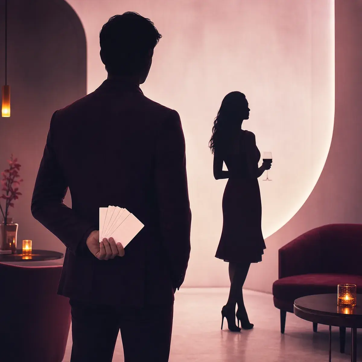 Obscured man holding cue cards behind his back while approaching a woman in a quiet lounge.