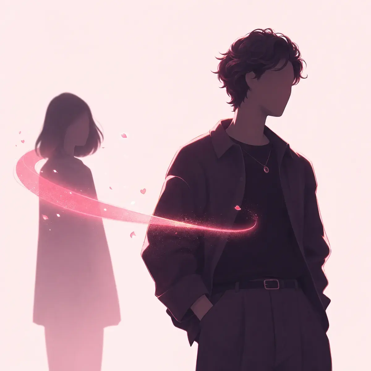 Faceless figure confidently drawing another person’s attention with a curved ribbon of rose light.