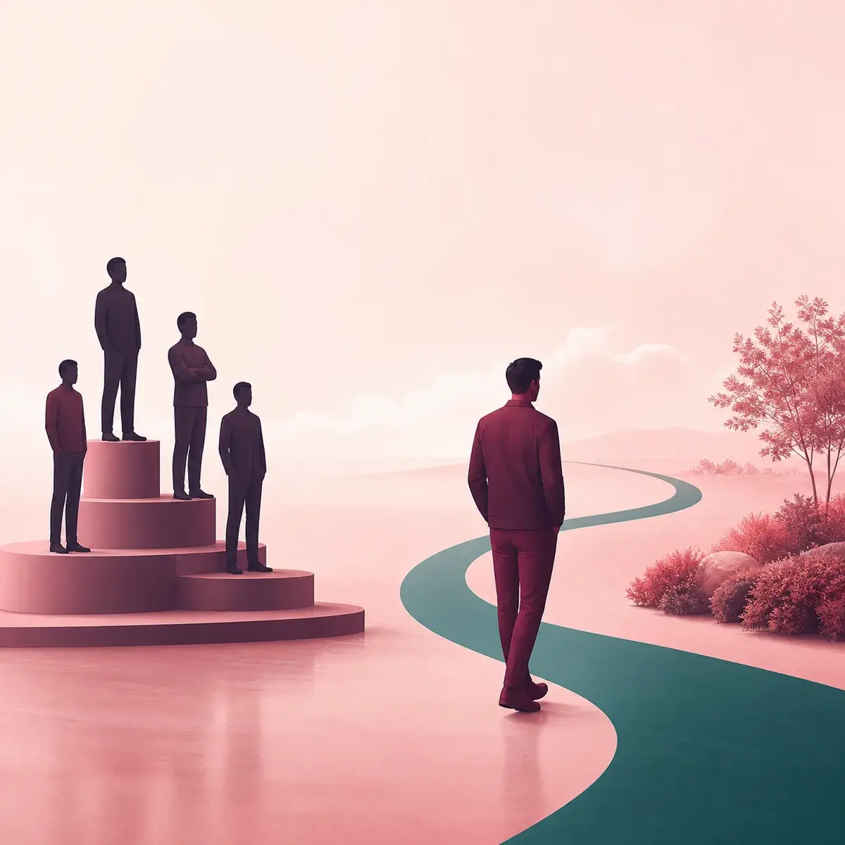 Faceless man calmly choosing a separate path beside a group arranged on tiered steps.