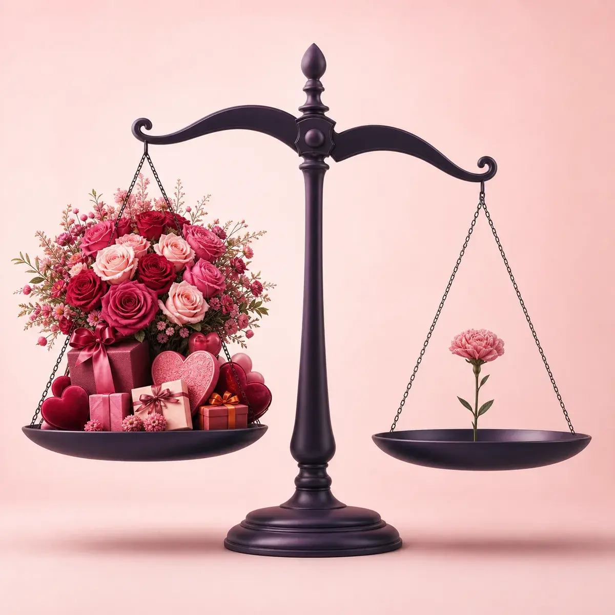 Balance scale contrasting an overflowing display of affection with one modest flower.