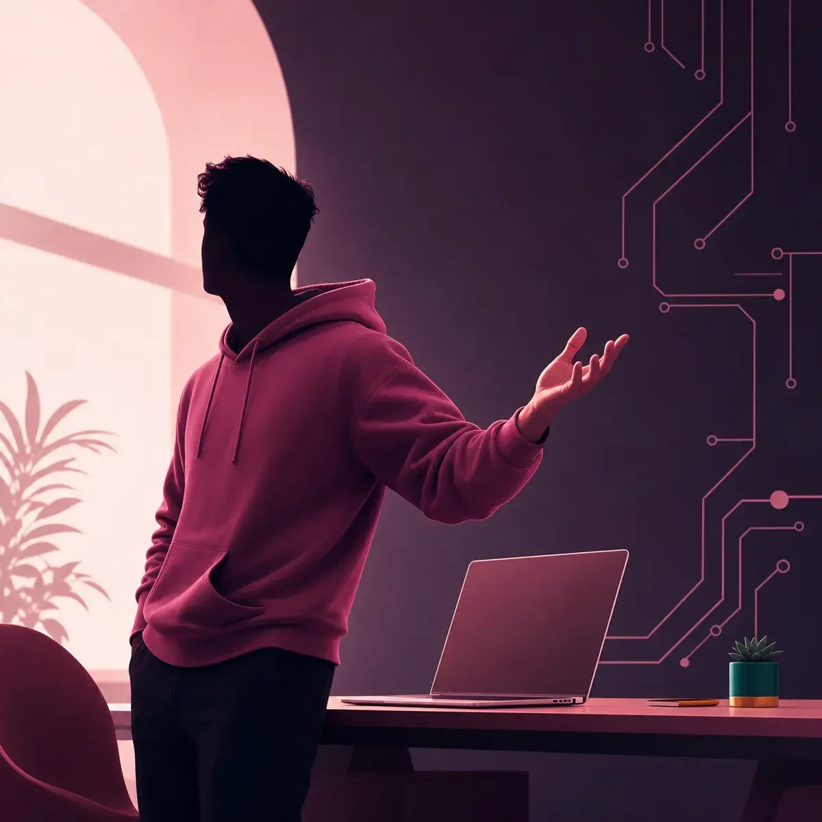 Obscured man in a hoodie gesturing beside a laptop in a minimalist tech workspace.