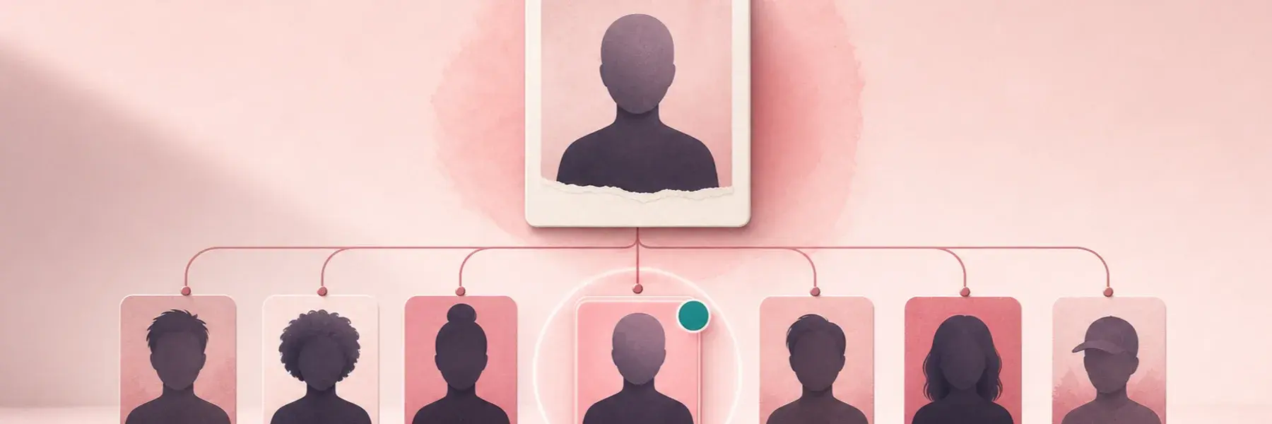 An anonymous portrait card matched to one profile among several connected social media avatars.
