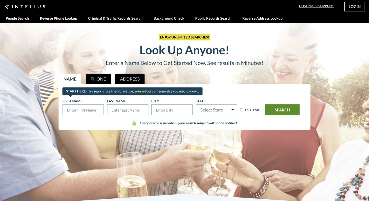 Intelius landing page