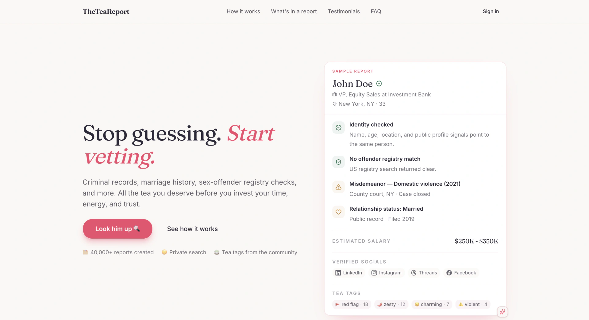 TheTeaReport landing page showing its private people-search report experience