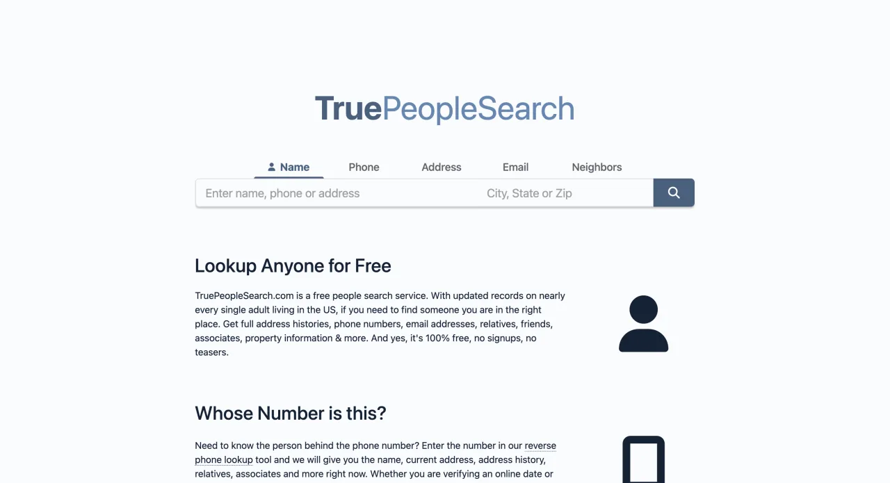 TruePeopleSearch landing page showing its free people-search interface